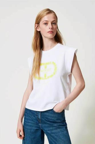 Twinset γυναικείο βαμβακερό T-Shirt με lettering logo και κέντημα - 241TP2213 Λευκό